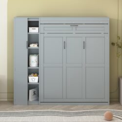 Full Size Murphy Wall Bed With Shelves, Wardrobe And LED Lights - Gray