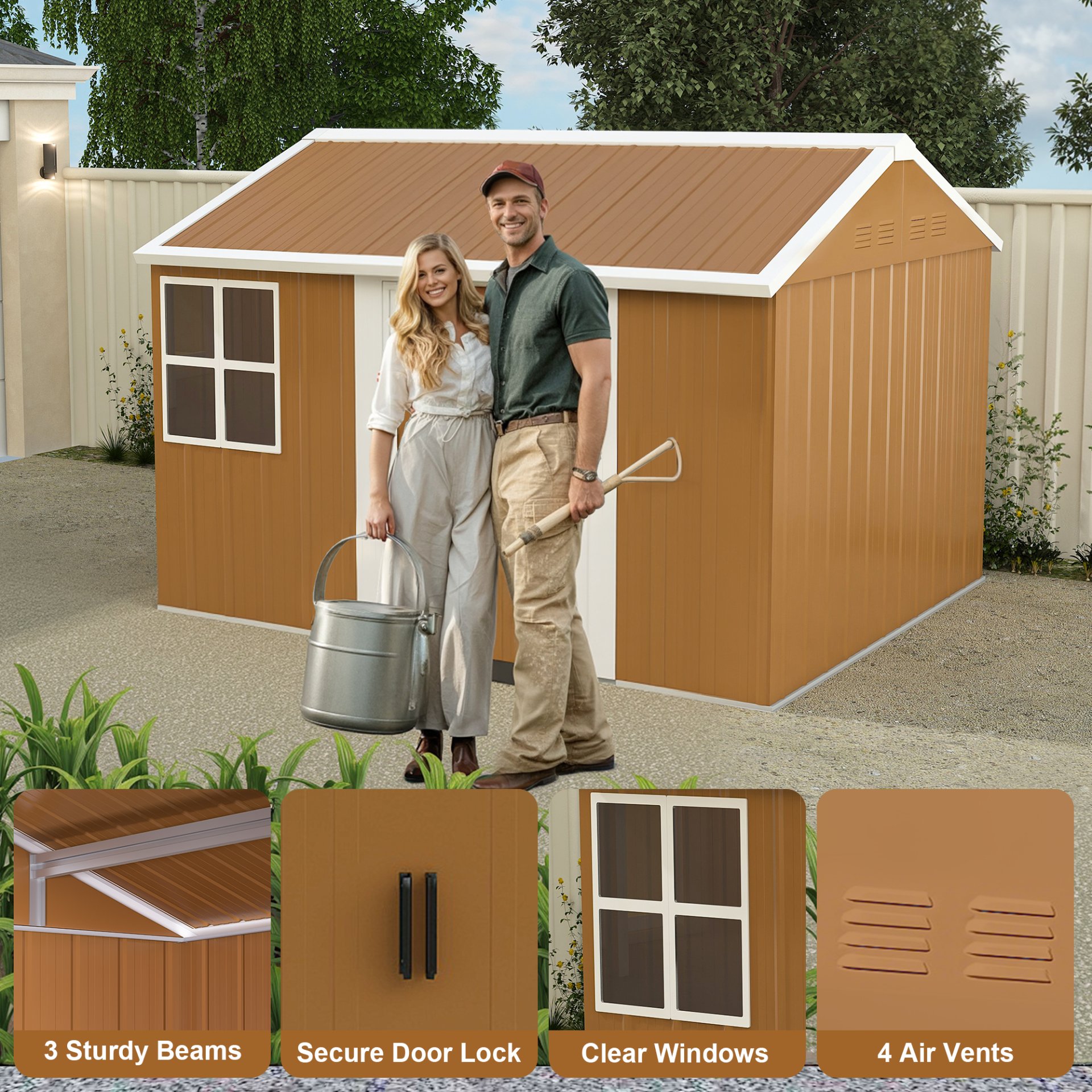 Heavy Duty Storage Shed With Windows, Lockable Door & Ventilation Weatherproof Outdoor Garden Shed - Brown - Image 10