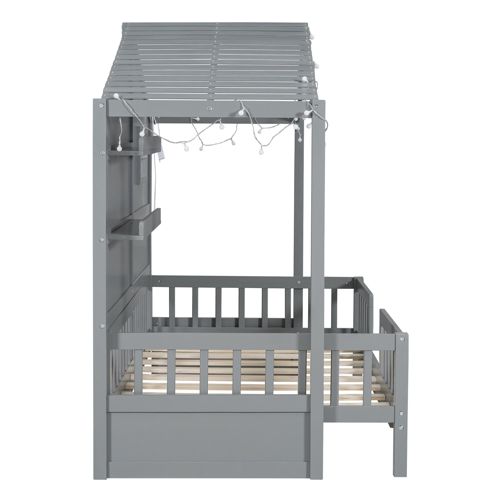 Twin Size House Bed With Shelves, Window And Sparkling Light Strip On The Roof - Gray - Image 14