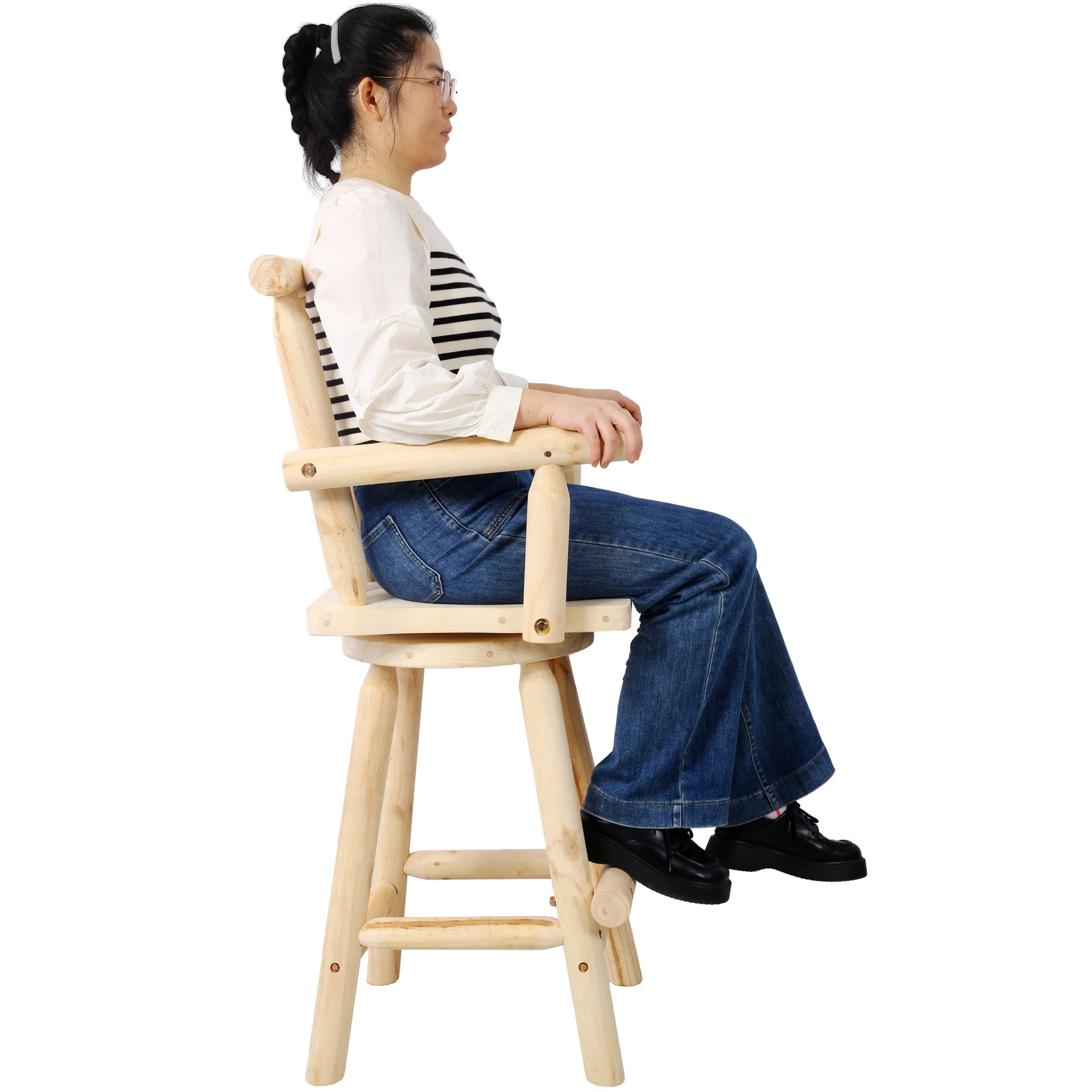 Rustic Fir Wood Bar Stool With Footrest And Wide Armrest For Kitchen, Dining Room, Or Bistro - Light Brown - Image 16