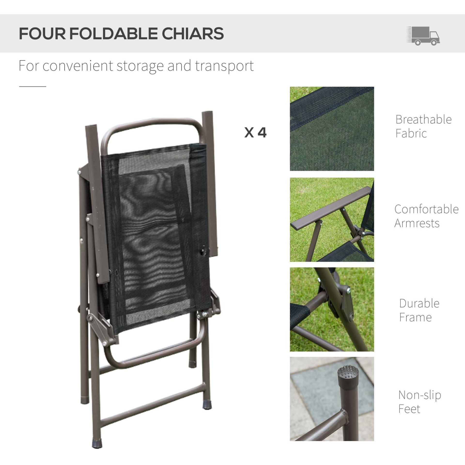 Outsunny - 6 Piece Patio Dining Set For 4 With Umbrella, Outdoor Table And Chairs With 4 Folding Dining Chairs & Round Glass Table For Garden, Backyard And Poolside - Black - Image 4