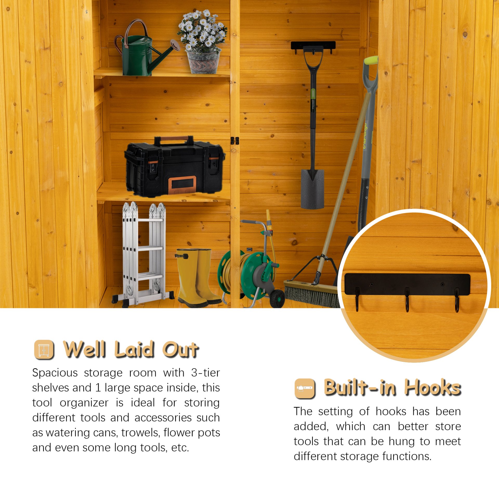 Outdoor Storage Shed With Lockable Door, Wooden Tool Storage Shed With Detachable Shelves & Pitch Roof - Natural - Image 12