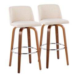 Toriano - Mid-Century Modern Fixed Height Barstool & Swivel And Round Footrest (Set of 2) - Walnut / Cream