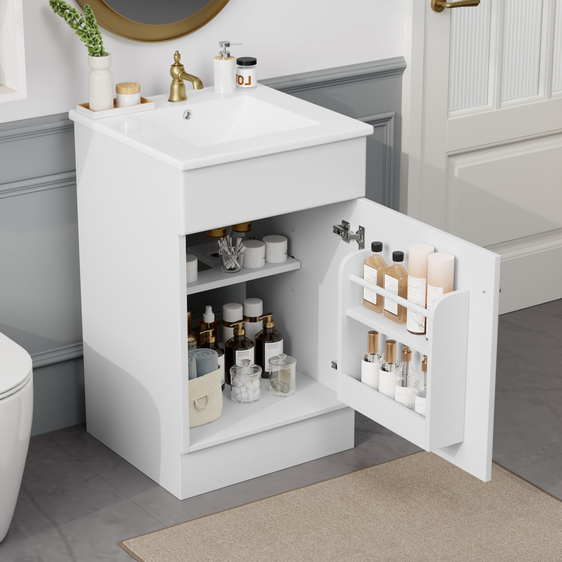 20" Bathroom Vanity With Sink, Freestanding Cabinet With Door Shelf And Adjustable Shelf, And Ceramic Construction - White - Image 2