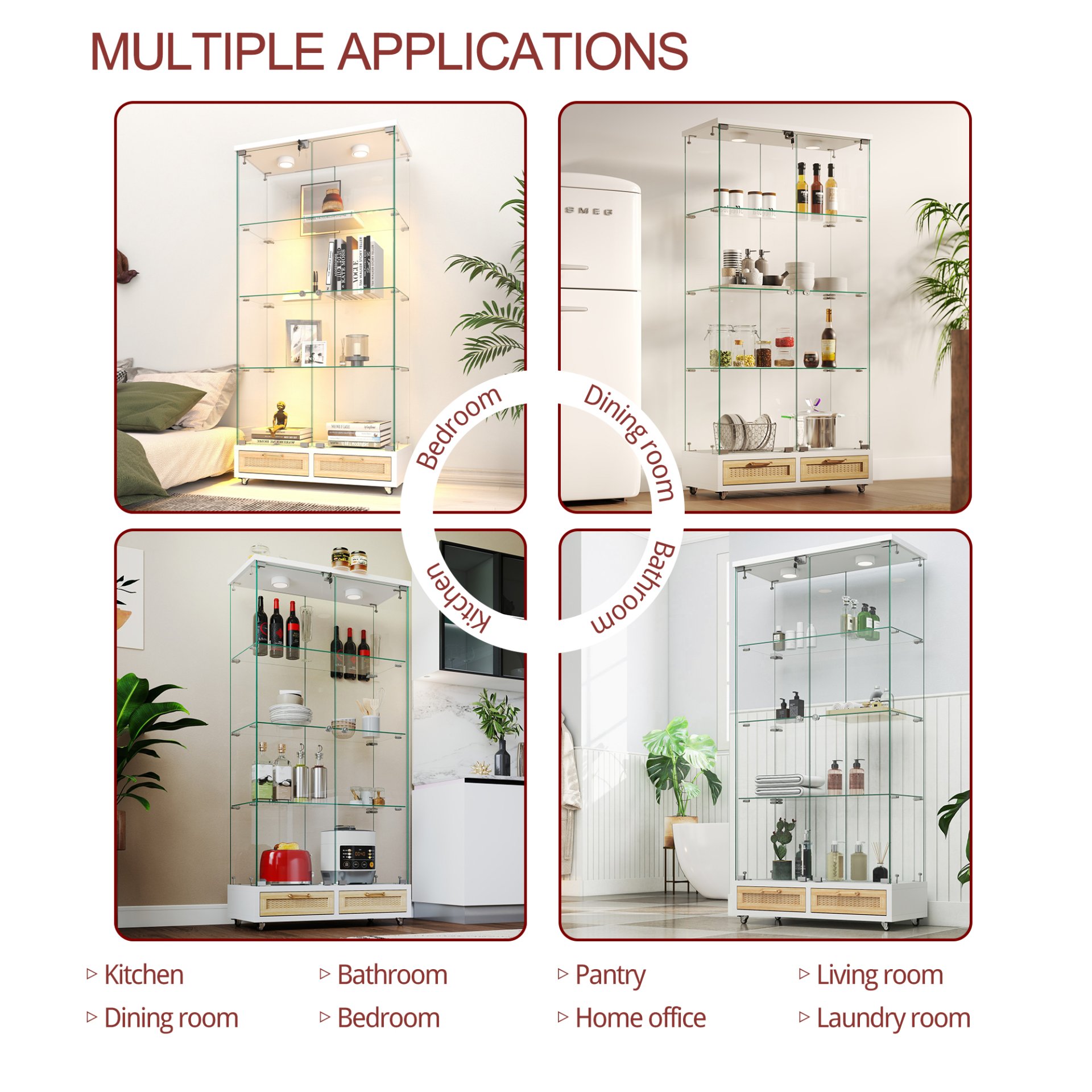 Glass Display Cabinet With LED Lights, Tempered Glass Doors, Large Drawers, 2 Door Storage Case With 4 Shelves - Natural / White - Image 20