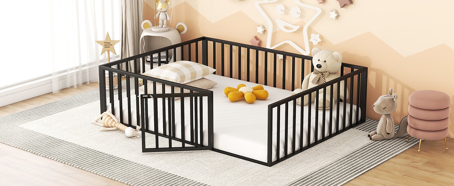 Queen Size Floor Bed Frame With Fence And Door - Black - Image 15