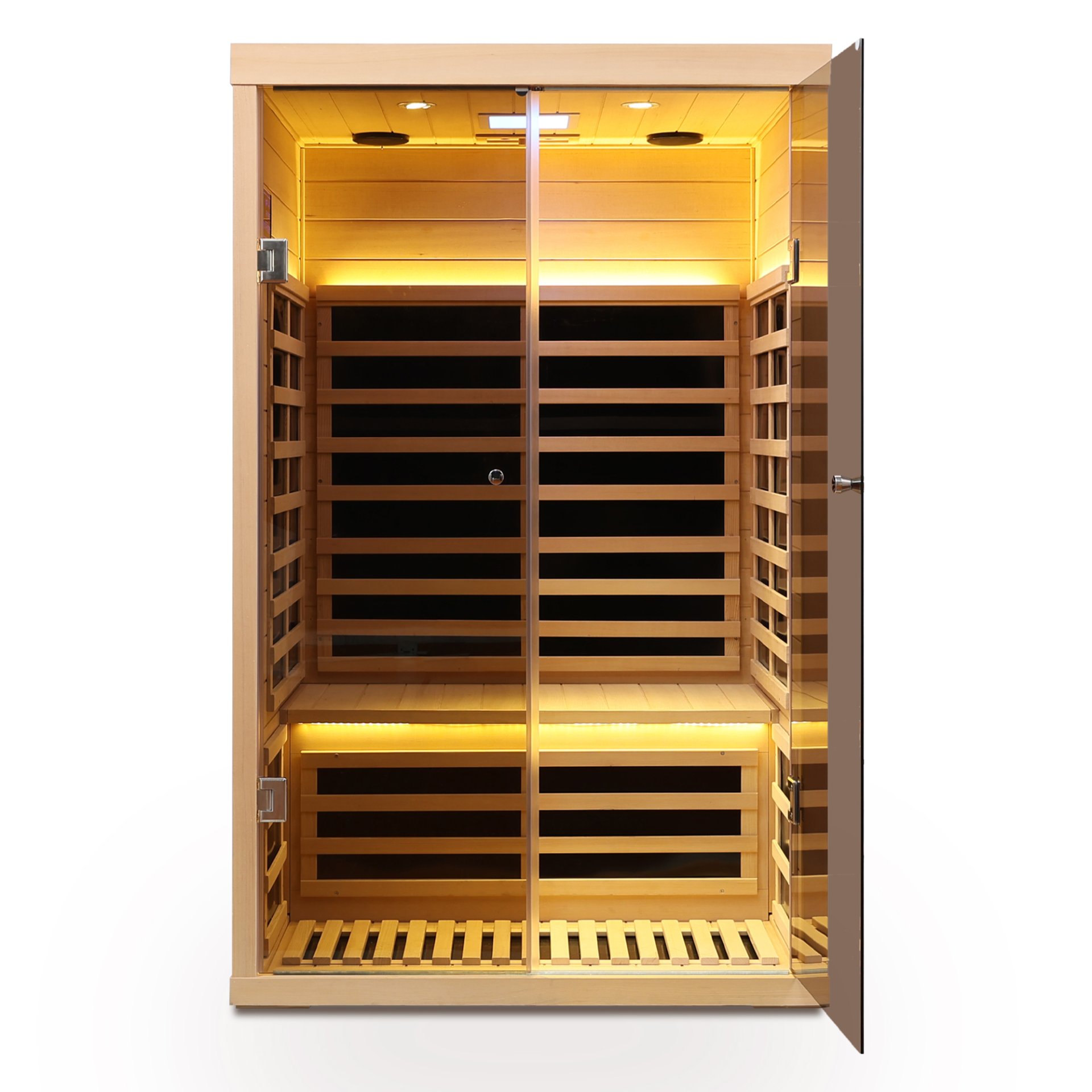 Low Emf 2 Person Wide Space Hemlock, Double Doors Great Glass Luxury Indoor Far Infrared Sauna Room - Natural Wood - Image 4