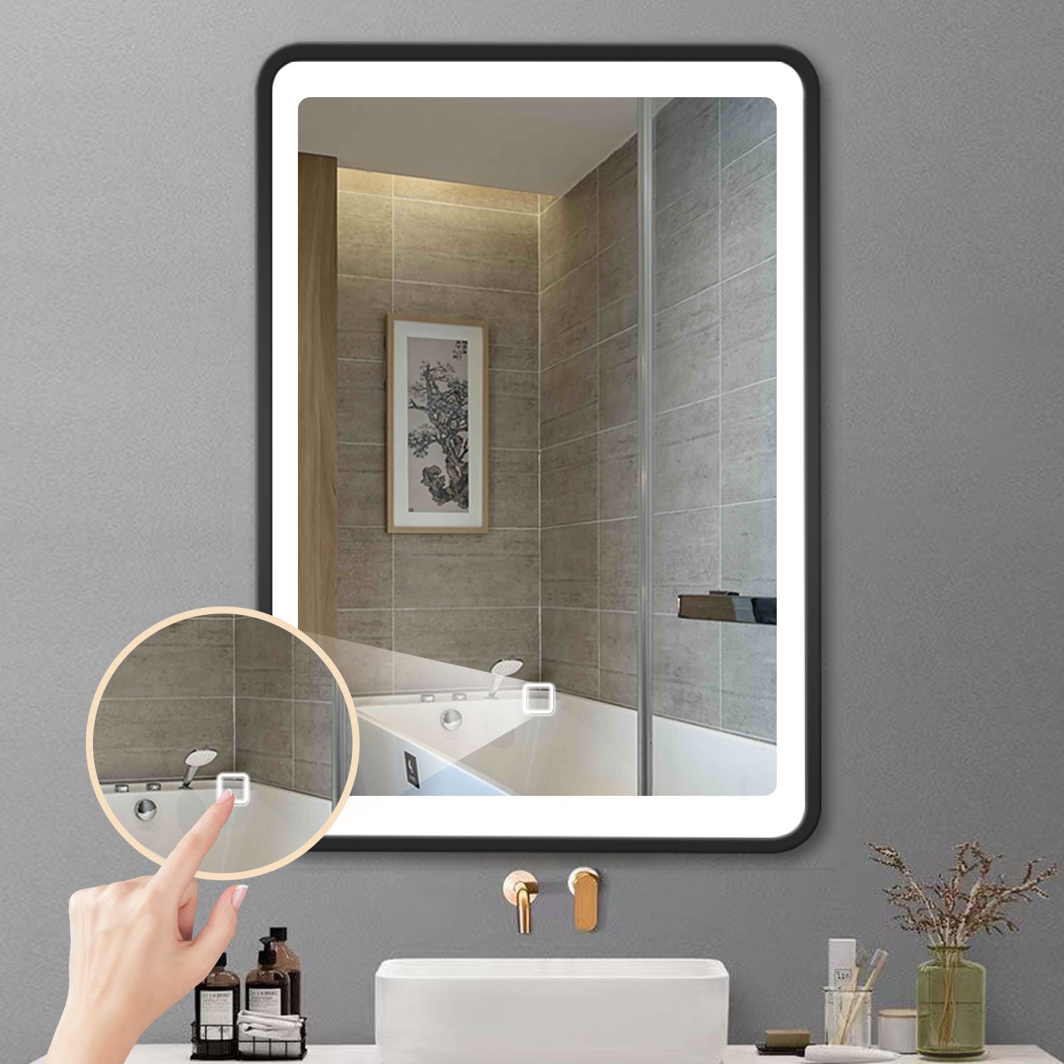 24X30" Led Black Framed Wall Mount Medicine Cabinet With Mirror Anti - Fog Function 3 Colors With Light - Black - Image 8