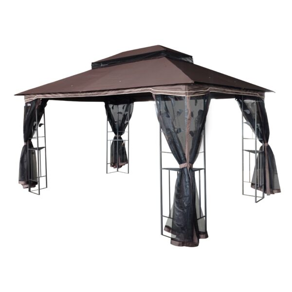 13 X 10 Ft Patio Gazebo Tent With Ventilated Double Roof And Mosquito Net - Brown