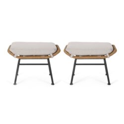 Outdoor Modern Boho Wicker Ottoman With Cushions (Set of 2) - Beige / Brown