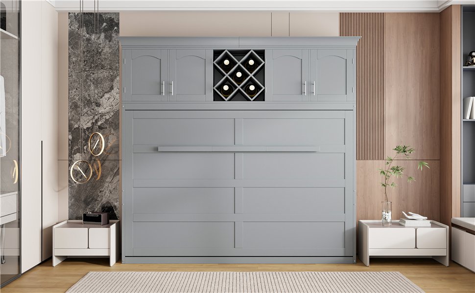 Queen Size Murphy Wall Bed With Top Cabinets & Wine Rack - Gray - Image 22