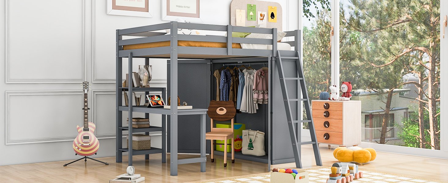 Full Size Loft Bed With Wardrobe And Desk And Shelves - Gray - Image 14