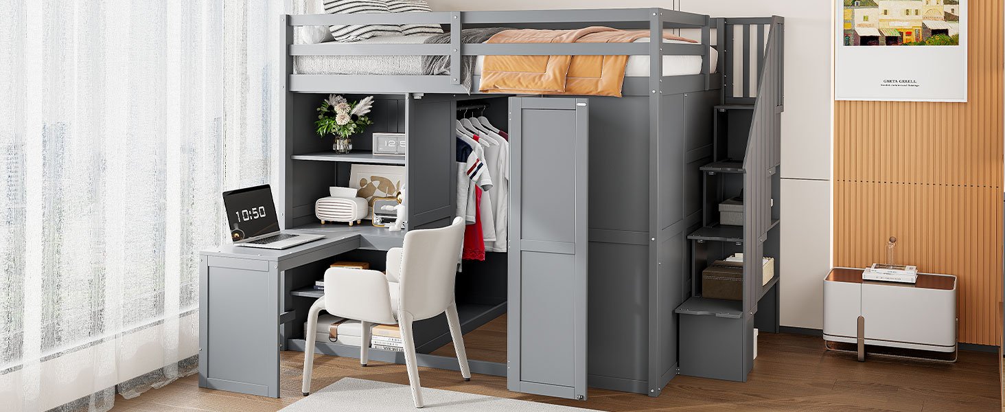 Full Size Loft Bed With Wardrobe, Desk And Shelves - Gray - Image 18