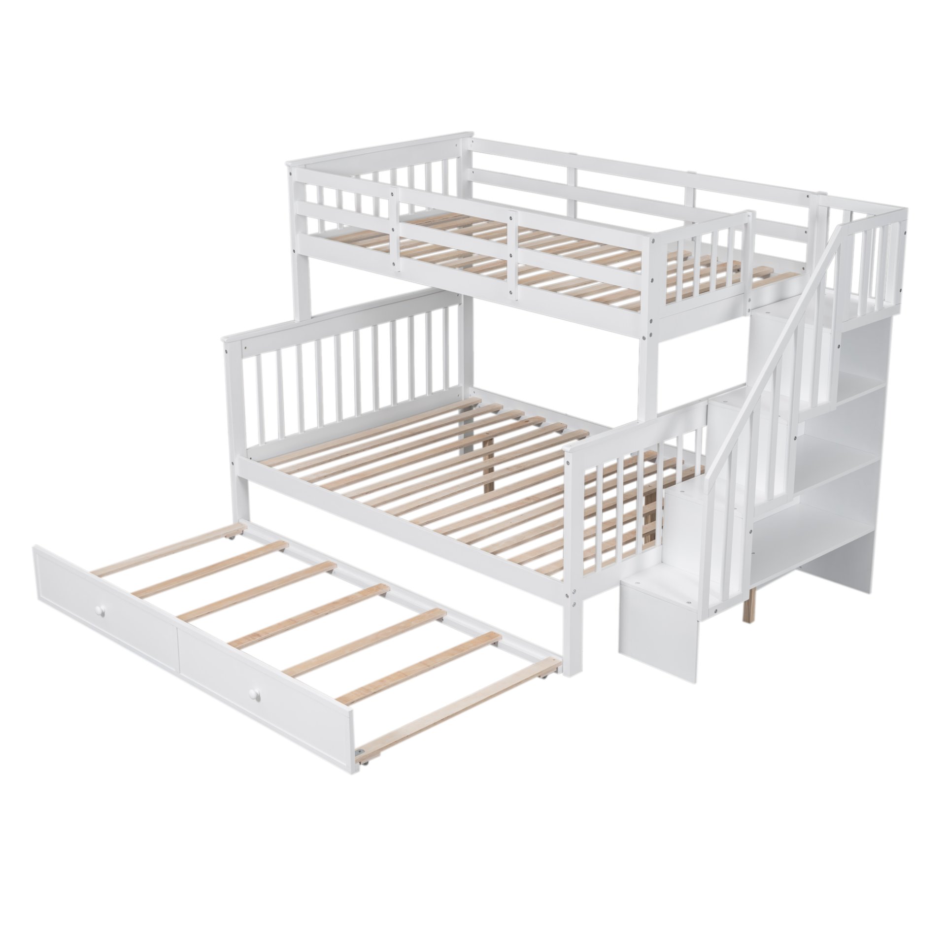Twin Over Full Bunk Bed With Twin Size Trundle, Storage And Guard Rail For Bedroom - White - Image 9
