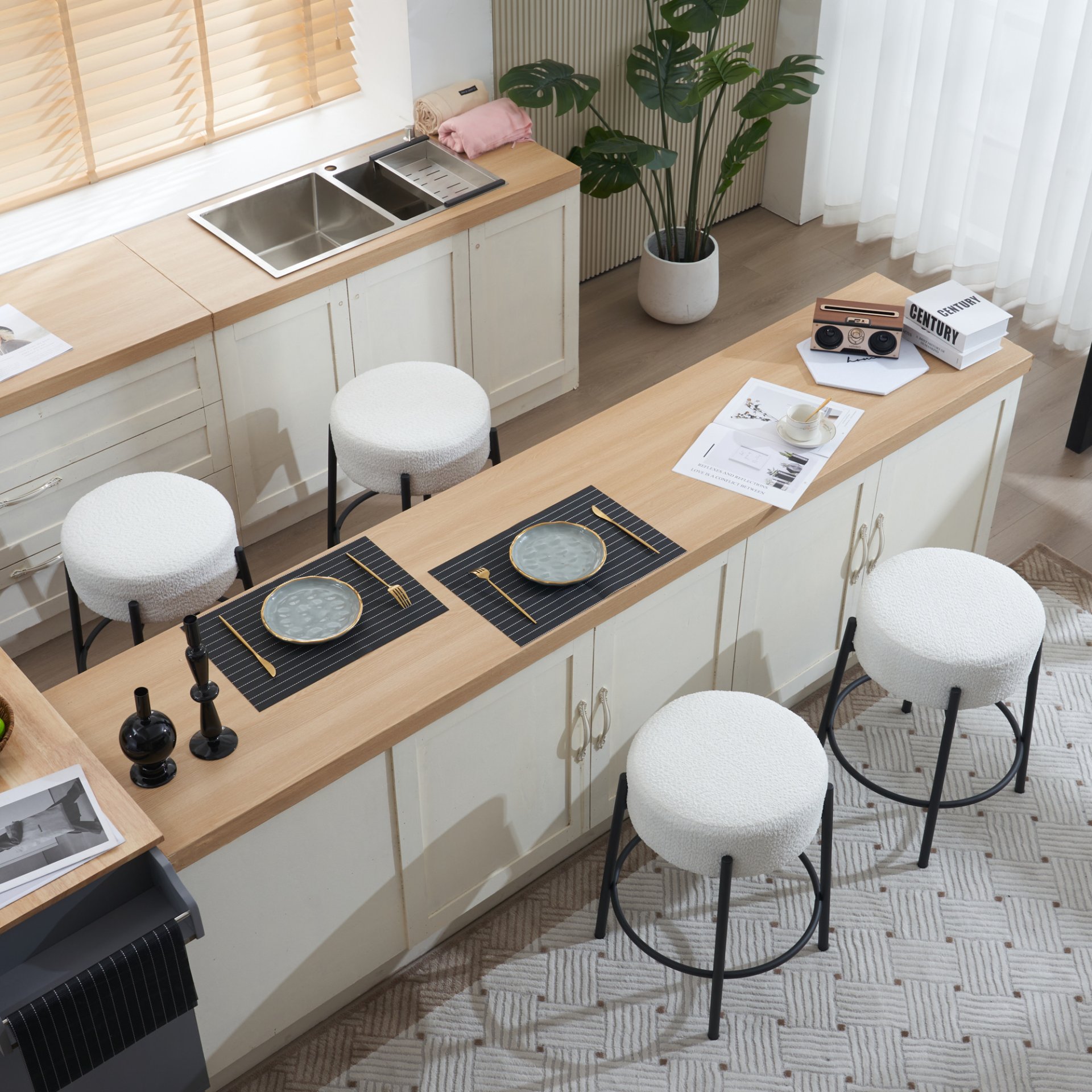 Round Bar Stools (Set of 2), Contemporary Upholstered Dining Stools For Kitchens, Coffee Shops And Bar Stores - White - Image 7