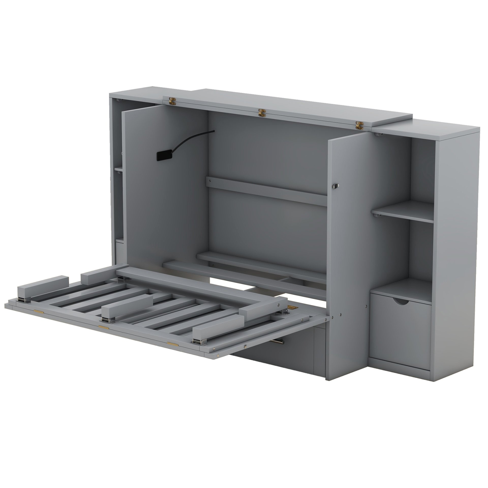 Queen Size Murphy Bed With Shelves, Drawers And USB Ports - Gray - Image 4