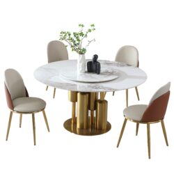 Round Modern Marble Dining Table With 4 Chairs - Golden White
