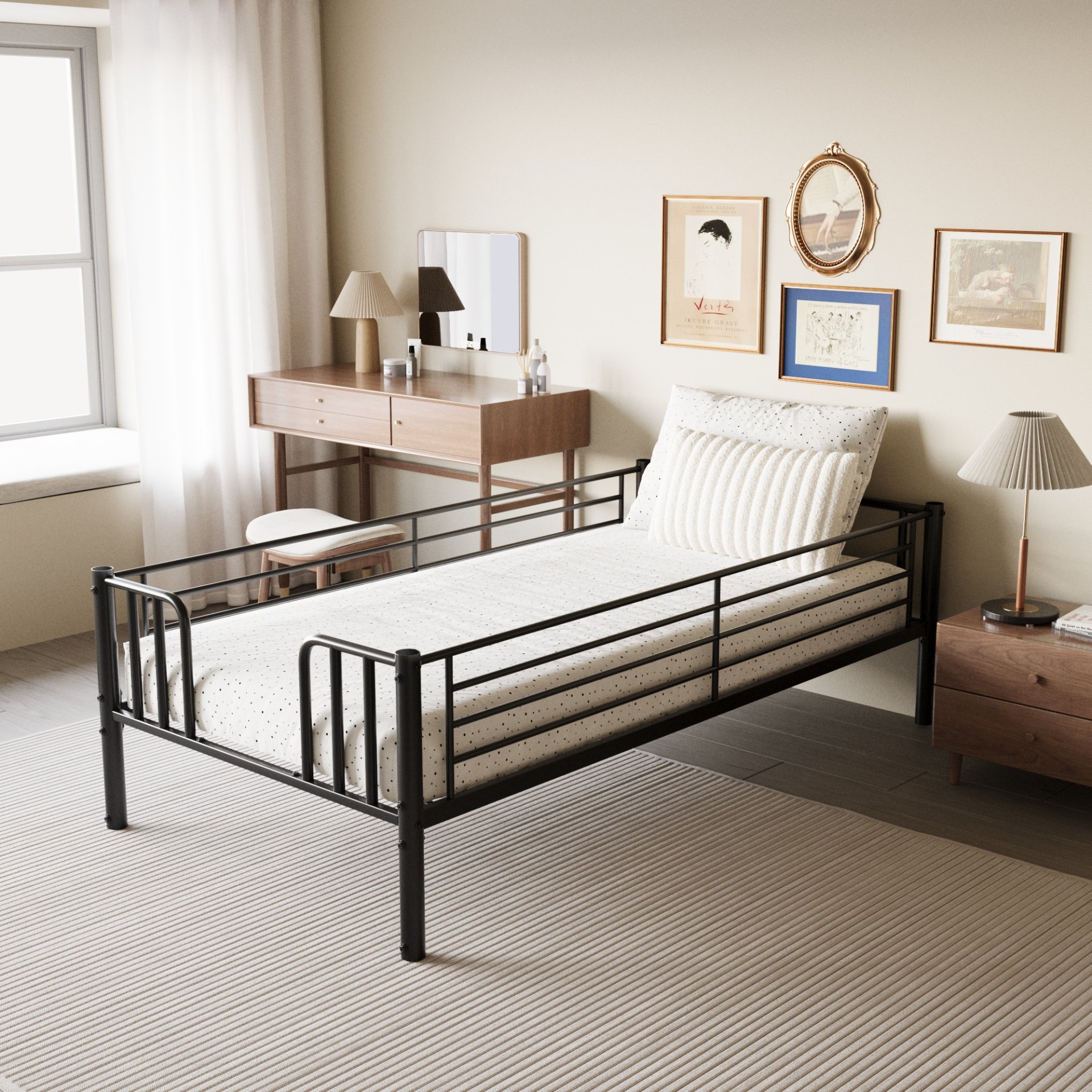 Twin Metal Pull Out Bunk Bed With Guardrail And Built In Ladder, Space Saving Convertible Frame For Bedroom - Black - Image 6