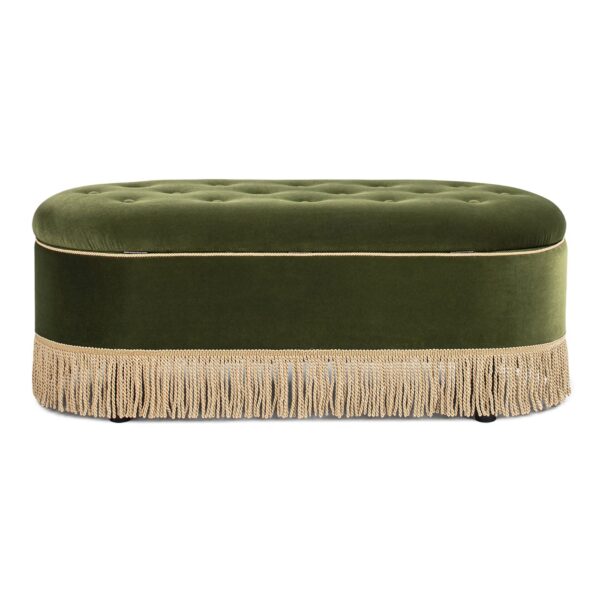 Melinda - Oval Tufted Bullion Fringe Storage Bench - Olive Green