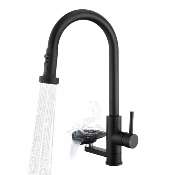 3 In 1 Kitchen Faucet With Press Type Glass Rinser, High Arc Pull Down Sprayer, 3 Function Spray Mode - Matte Black