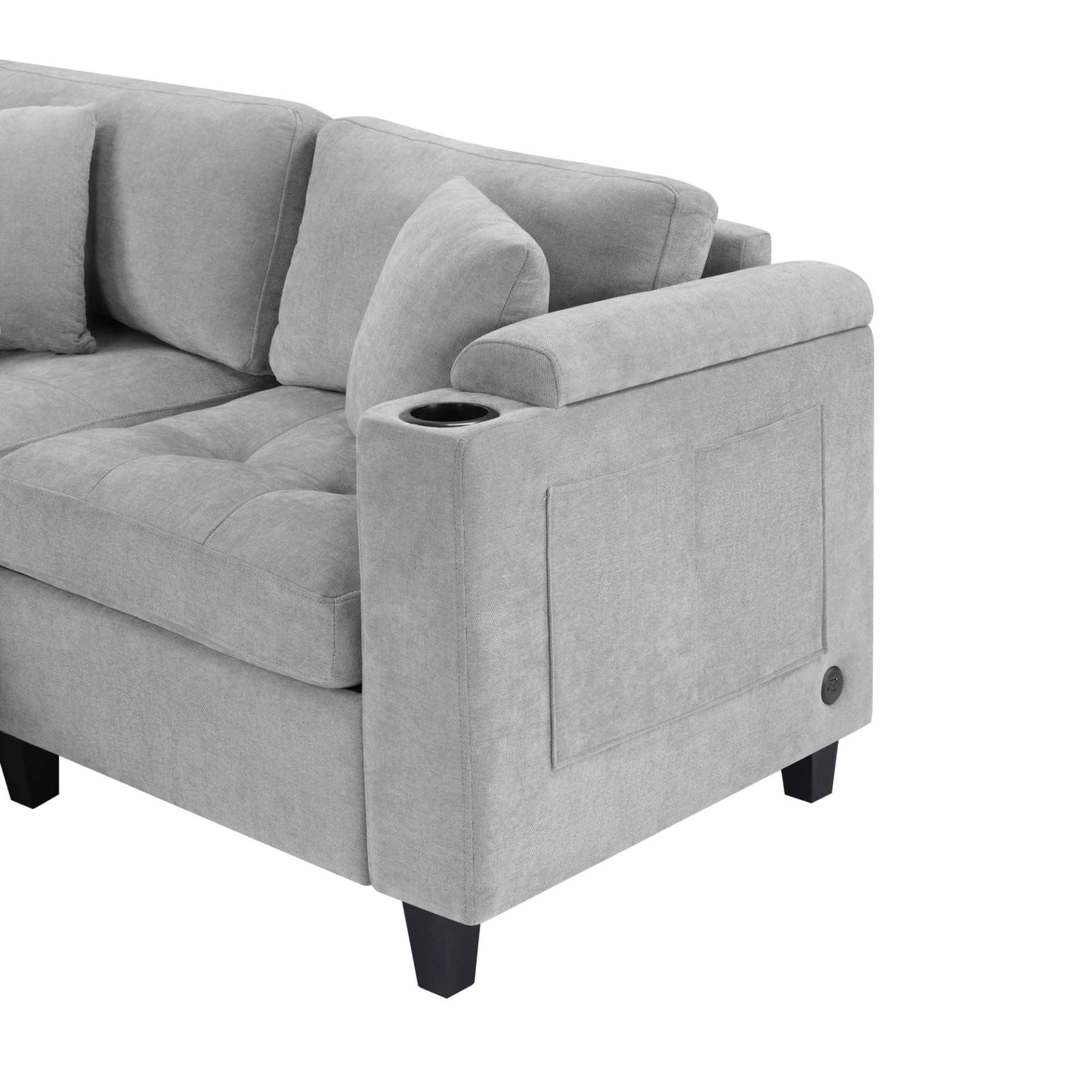 U Shaped Sectional Sofa, Corner Living Room Couch With Built In Cup Holders, Storage, USB Ports - Light Gray - Image 17
