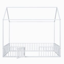 Full Size Metal House Bed With Fence And Door - White