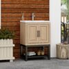 Modern Freestanding Bathroom Vanity With Ceramic Sink, Hot And Cold Faucet, 2 Door Cabinet & Open Iron Shelf, Magnesium Oxide And Iron Frame - Natural - Image 5