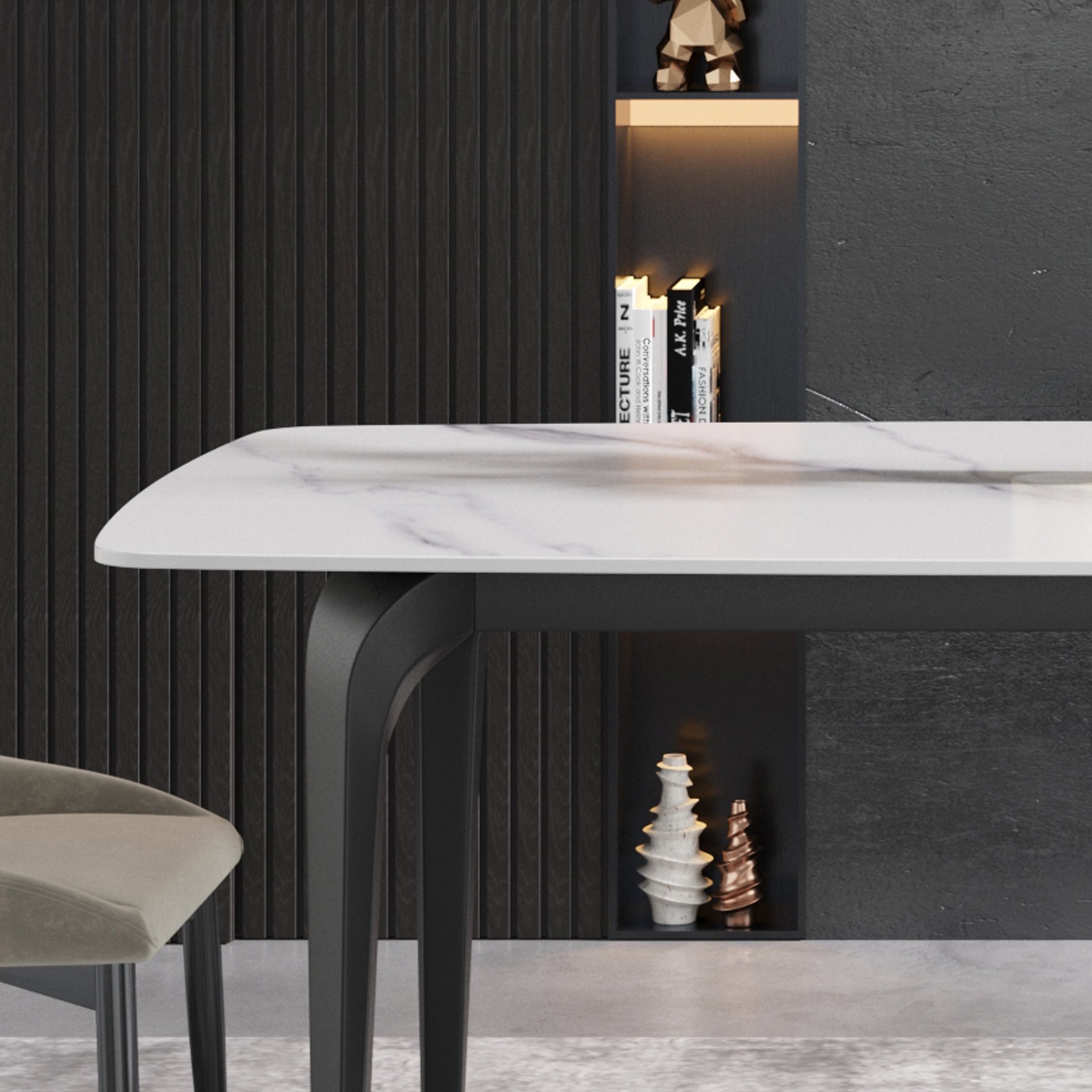70.87" Modern Artificial Stone Curved Black Metal Leg Dining Table, Can Accommodate 6-8 People - White / Black - Image 7