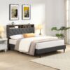 Modern Queen Size Upholstered Platform Bed Frame With Button Tufted Linen Headboard And USB Ports - Dark Gray - Image 2