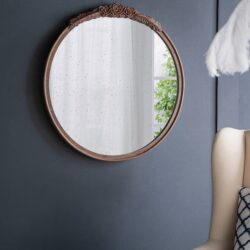 Round Hand Carved Rose Antique Mirror Frame, Wall Mirror For Live Space, Bathroom, Entryway Wall Decor - Brown