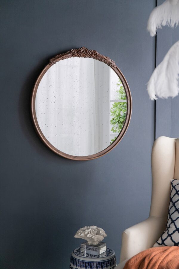 Round Hand Carved Rose Antique Mirror Frame, Wall Mirror For Live Space, Bathroom, Entryway Wall Decor - Brown