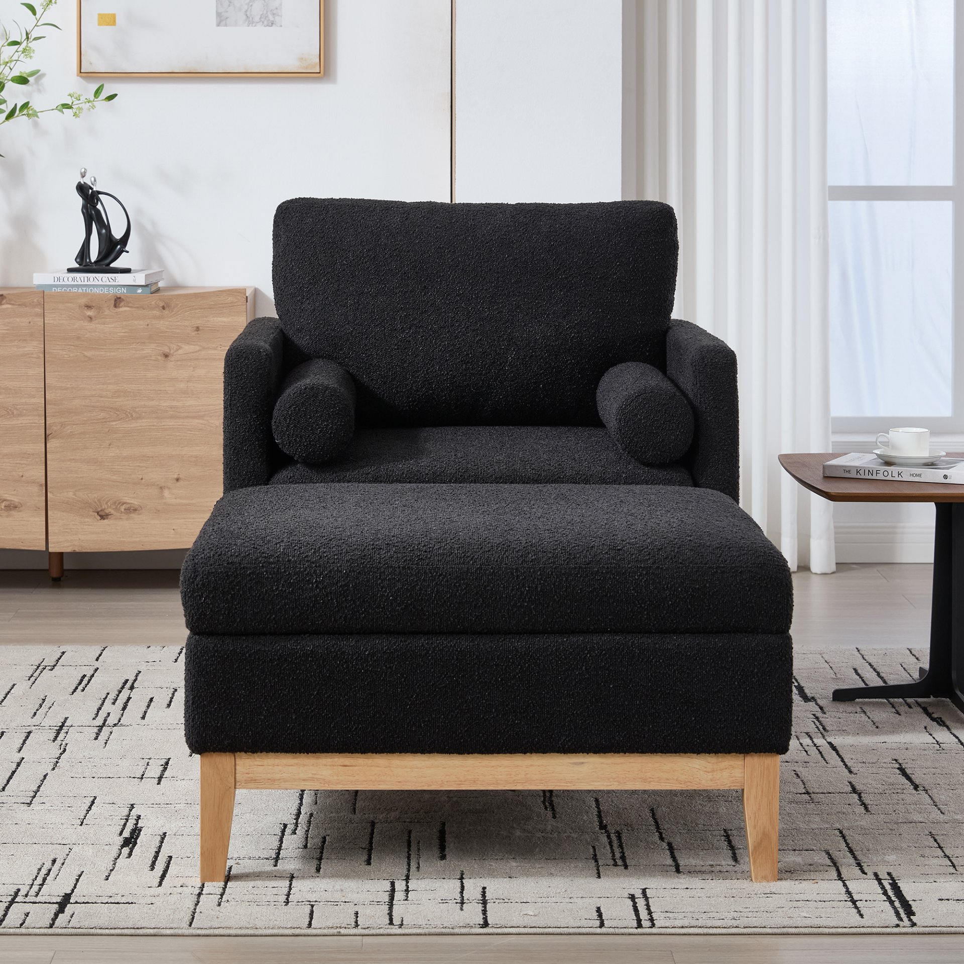 Farmhouse Upholstered Accent Chair With Ottoman Wood Base, Reversible Lid Coffee Table For Living Room - Black - Image 4