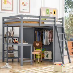 Full Size Loft Bed With Wardrobe And Desk And Shelves - Gray