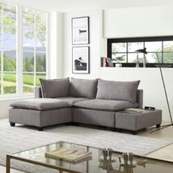Madison - Fabric Sectional Loveseat Ottoman With USB Storage Console Table - Light Gray