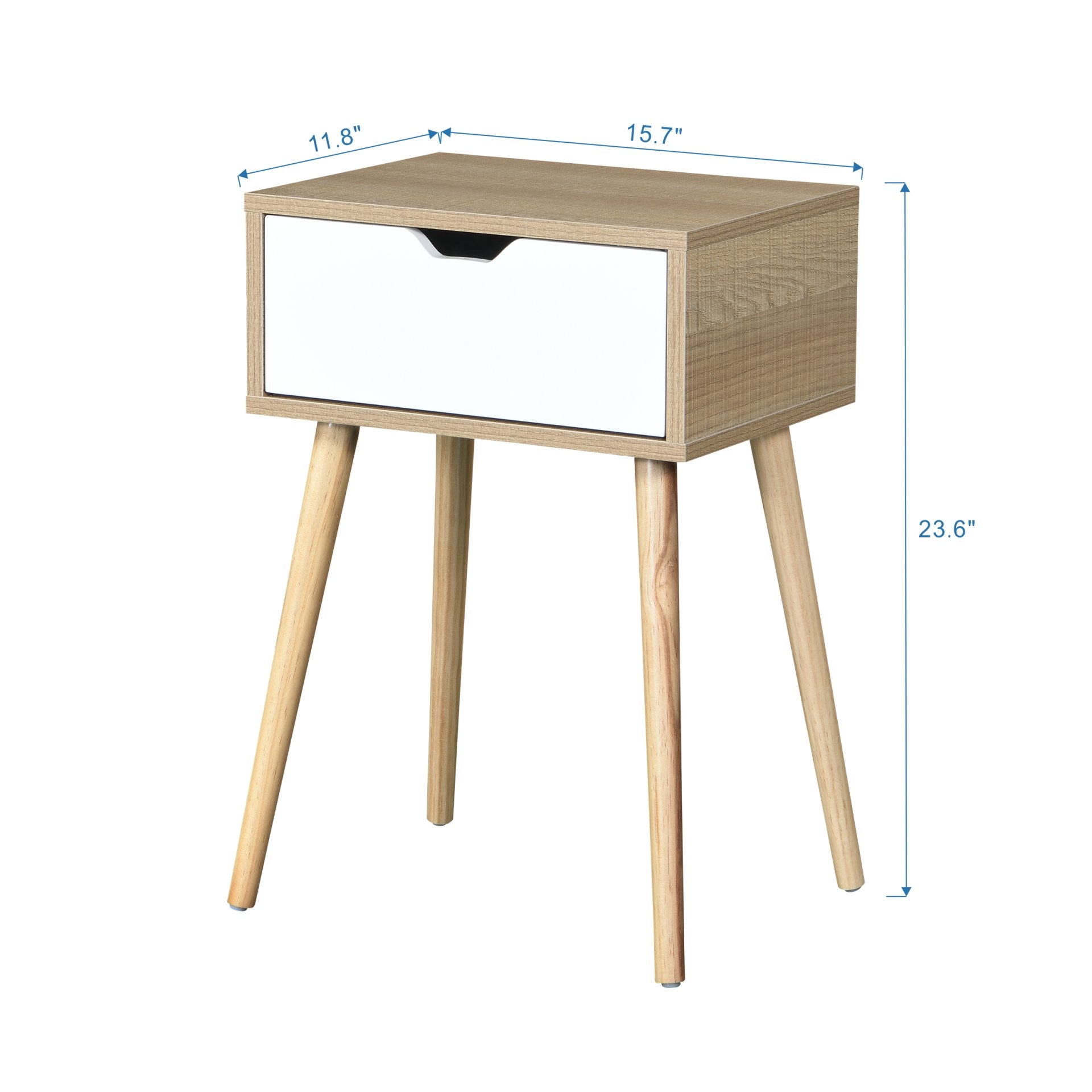 Side Table With 1 Drawer, Mid-Century Modern Storage Cabinet For Bedroom - White / Wood - Image 3