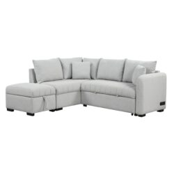 L-Shaped Sectional Pull Out Sofa Bed Sleeper Sofa With Two USB Ports, Two Power Sockets And A Movable Storage Ottoman - Gray