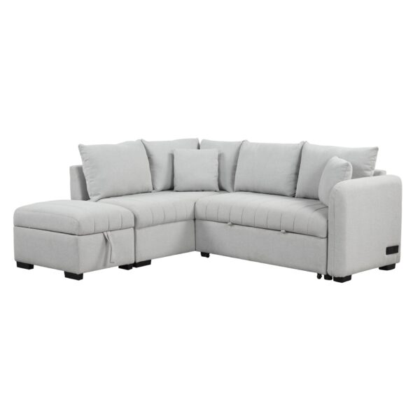 L-Shaped Sectional Pull Out Sofa Bed Sleeper Sofa With Two USB Ports, Two Power Sockets And A Movable Storage Ottoman - Gray