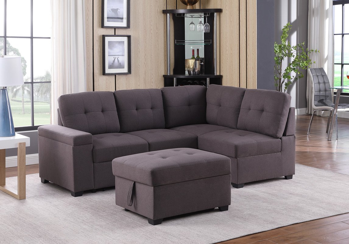 Katie - Linen Sleeper Sectional Sofa With Storage Ottoman, Storage Arm - Brown - Image 5