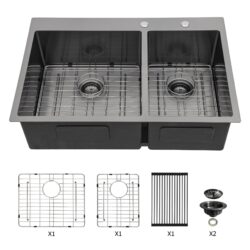 Double Bowl Kitchen Sink 16 Gauge 33" X 22" With 2 10" Deep Basins - Gunmetal Black