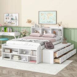 Full Bed With Bookcase Headboard, Under Bed Storage Drawers And Bed End Storage Case - White