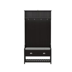 3 In 1 Wooden Hallway Hall Tree With Storage Drawers, Coat Rack, Shoe Rack Bench, And Cushion - Amber Graphite / Black