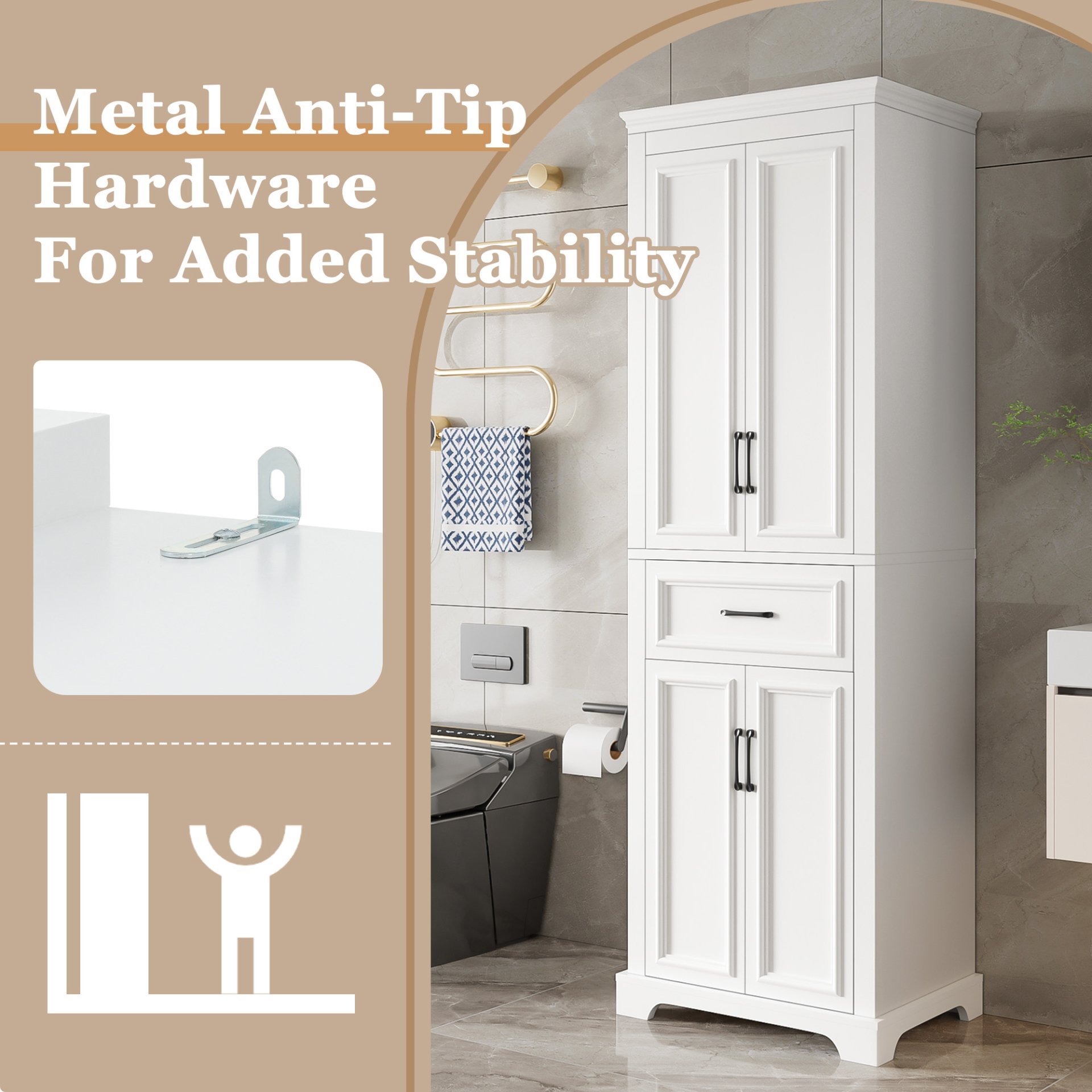 Freestanding Bathroom Vanity, Elegant Design With 4 Doors & 1 Drawer, Adjustable Shelves, Damping Hinges - White - Image 9