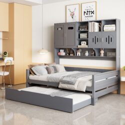 Full Size Wooden Daybed With Twin Size Trundle, And All In One Cabinet And Shelf - Gray