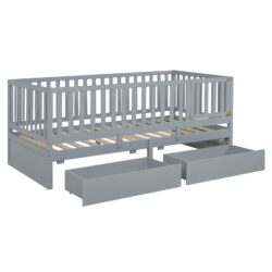 Twin Size Daybed With Fence Guardrails And 2 Drawers, Split Into Independent Floor Bed & Daybed - Gray
