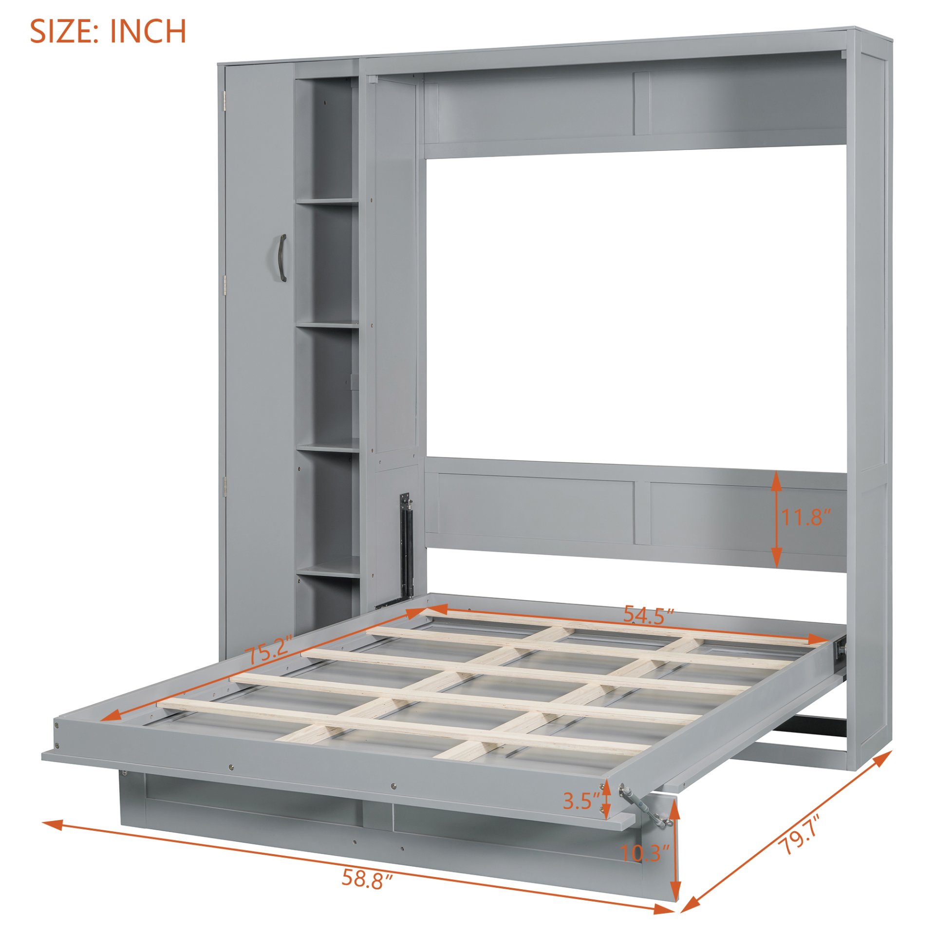 Full Size Murphy Wall Bed With Shelves, Wardrobe And LED Lights - Gray - Image 7
