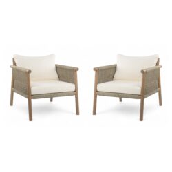 Modern Outdoor Woven Lounge Chair Set With Solid Wood Frame And Polyester Cushions - Teak