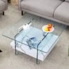 Modern 2 Tier Square Coffee Table With Clear Glass And Marble Pattern Sticker - Transparent / White - Image 4