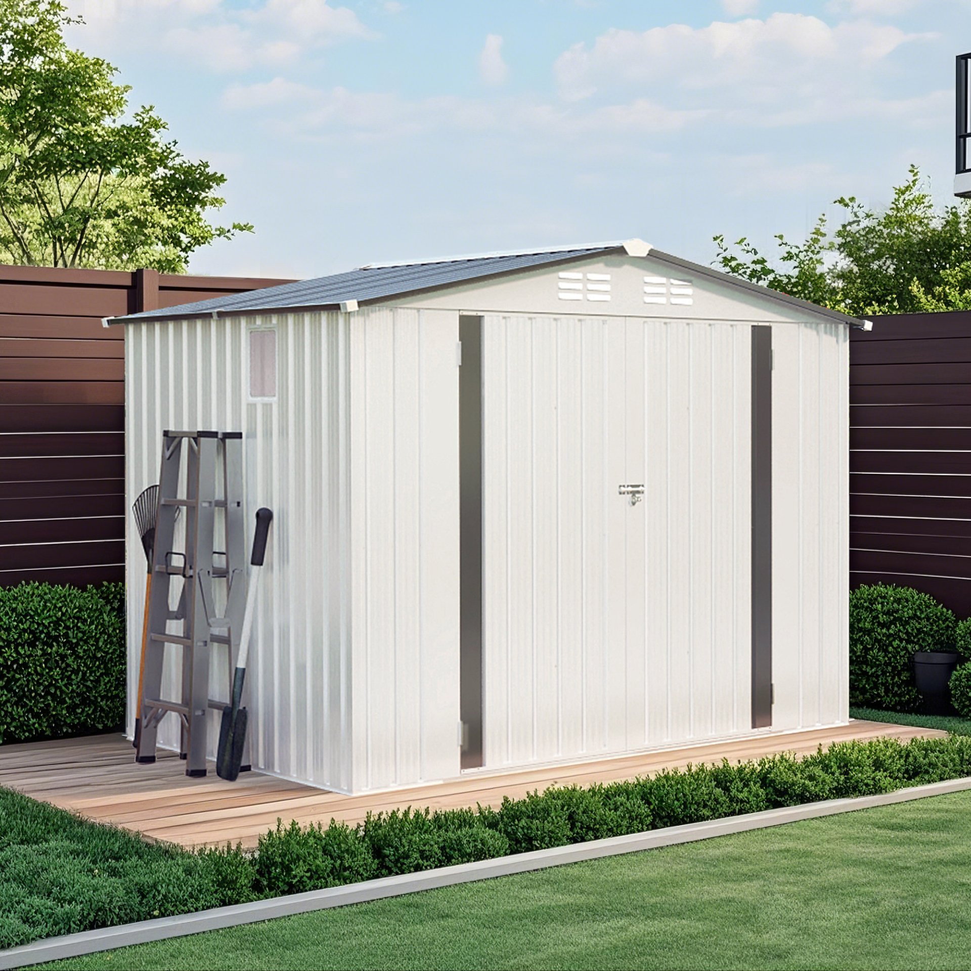 Metal Outdoor Storage Shed 8 X 6 Ft With Pitched Roof And Side Window - White / Gray - Image 4