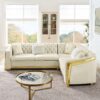 Shaped Chesterfield Sectional Sofa With Stainless Steel Accents Velvet Button Tufted Sofa With 5 Pillows Luxury Couch For Living Room - Beige - Image 5