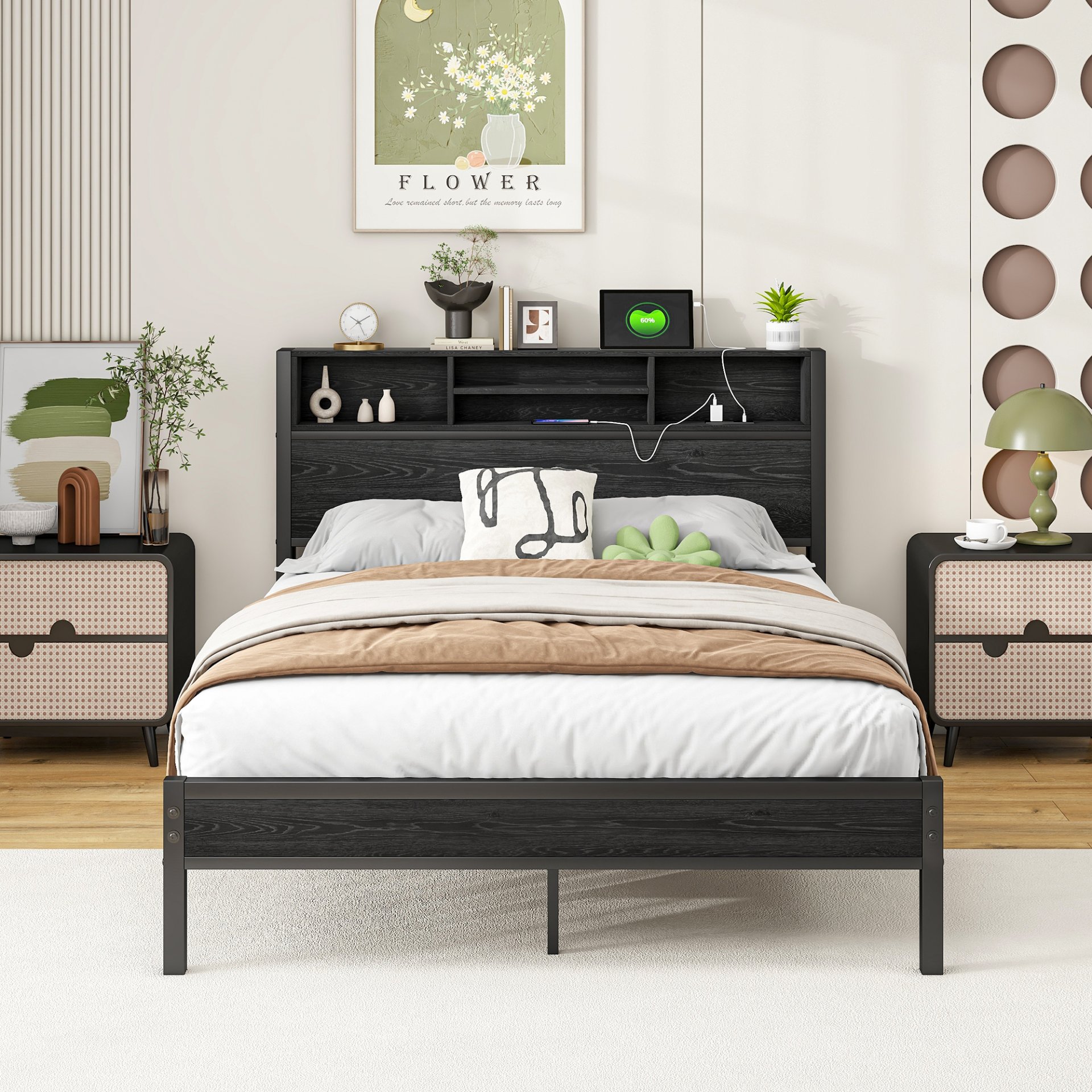 Modern Full Size Metal Platform Bed Frame With Storage Headboard And Charging Station - Black - Image 2